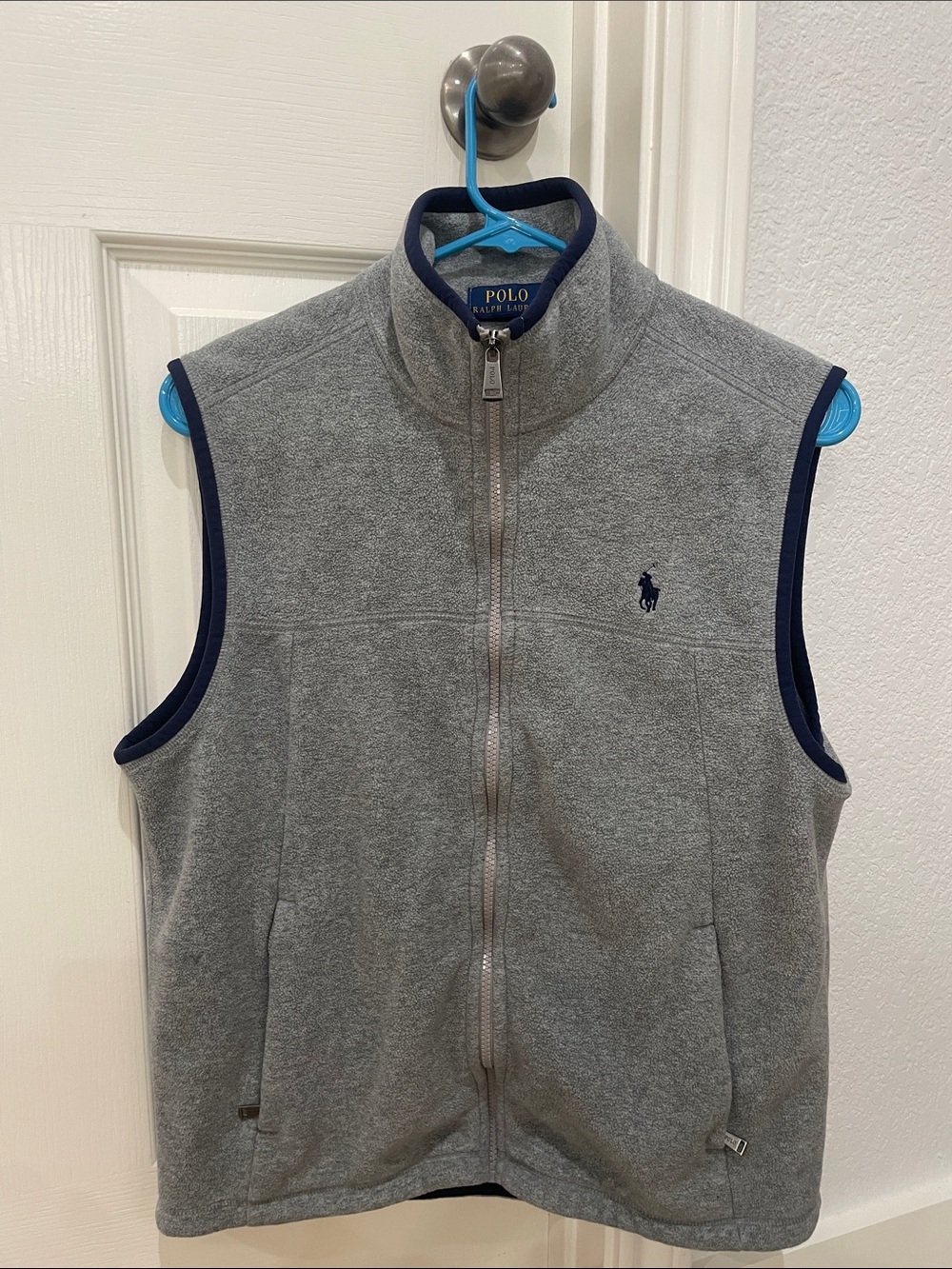 Polo by Ralph Lauren Light Gray Fleece Zip Vest with Navy Trim